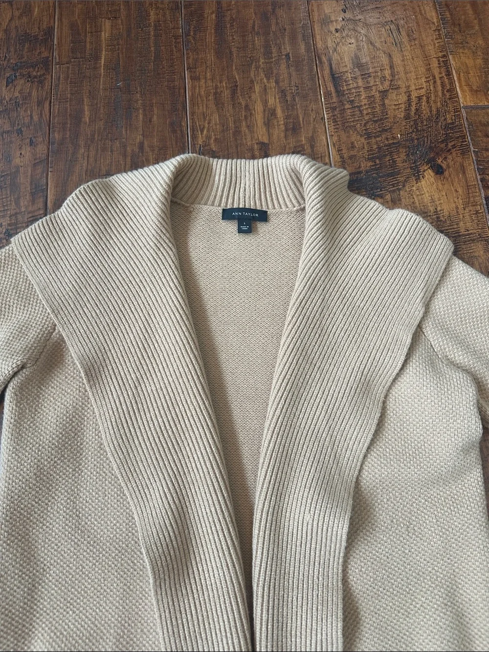Ann Taylor Khaki Open-Front Ribbed Shawl Collar Long Cardigan